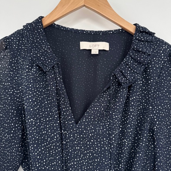 Loft Navy Blue/White Speck Long Sleeve V-Neck Dress Women's Sz 6 - Picture 3 of 12